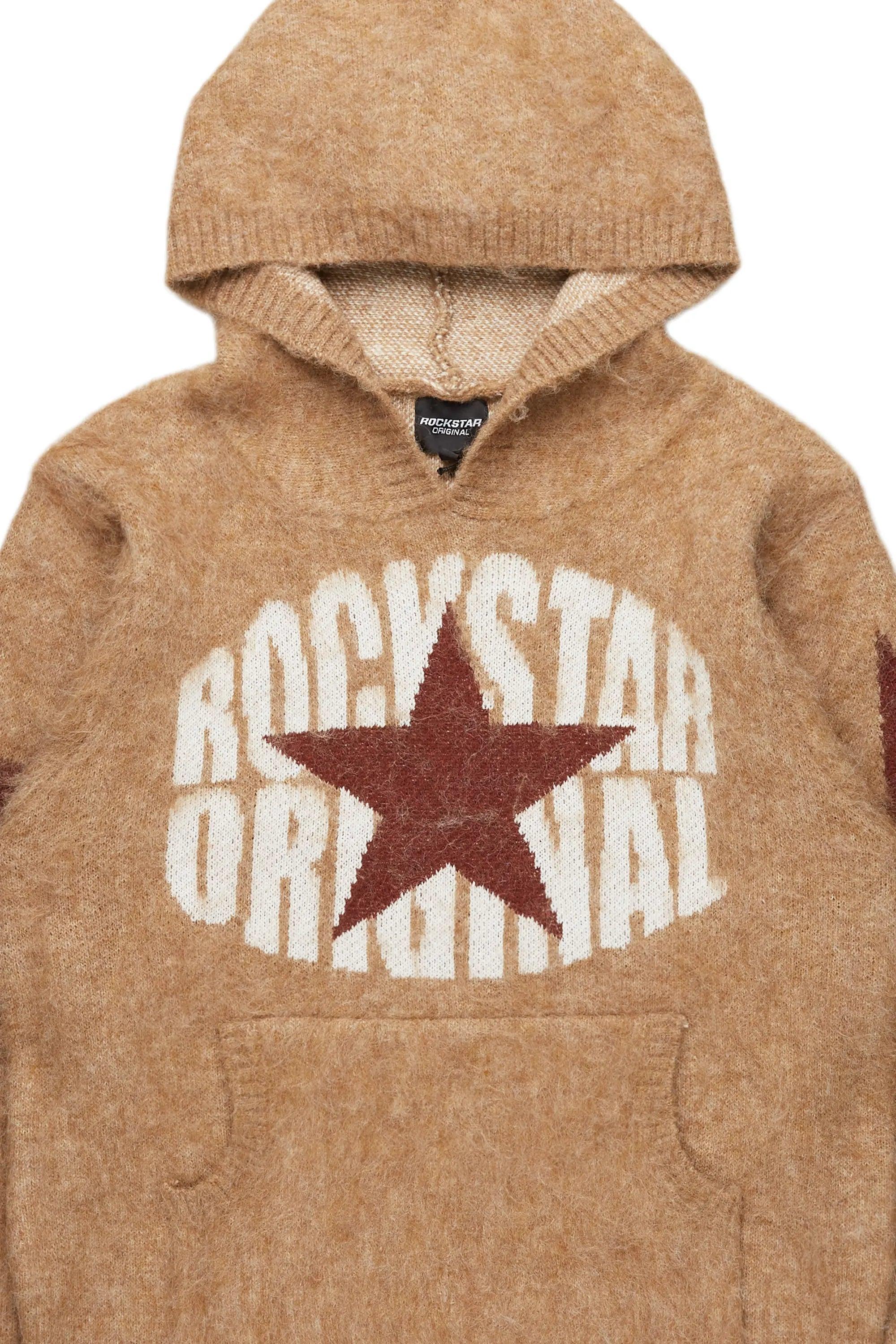 States Brown Graphic Knitted Mohair Hoodie Male Product Image