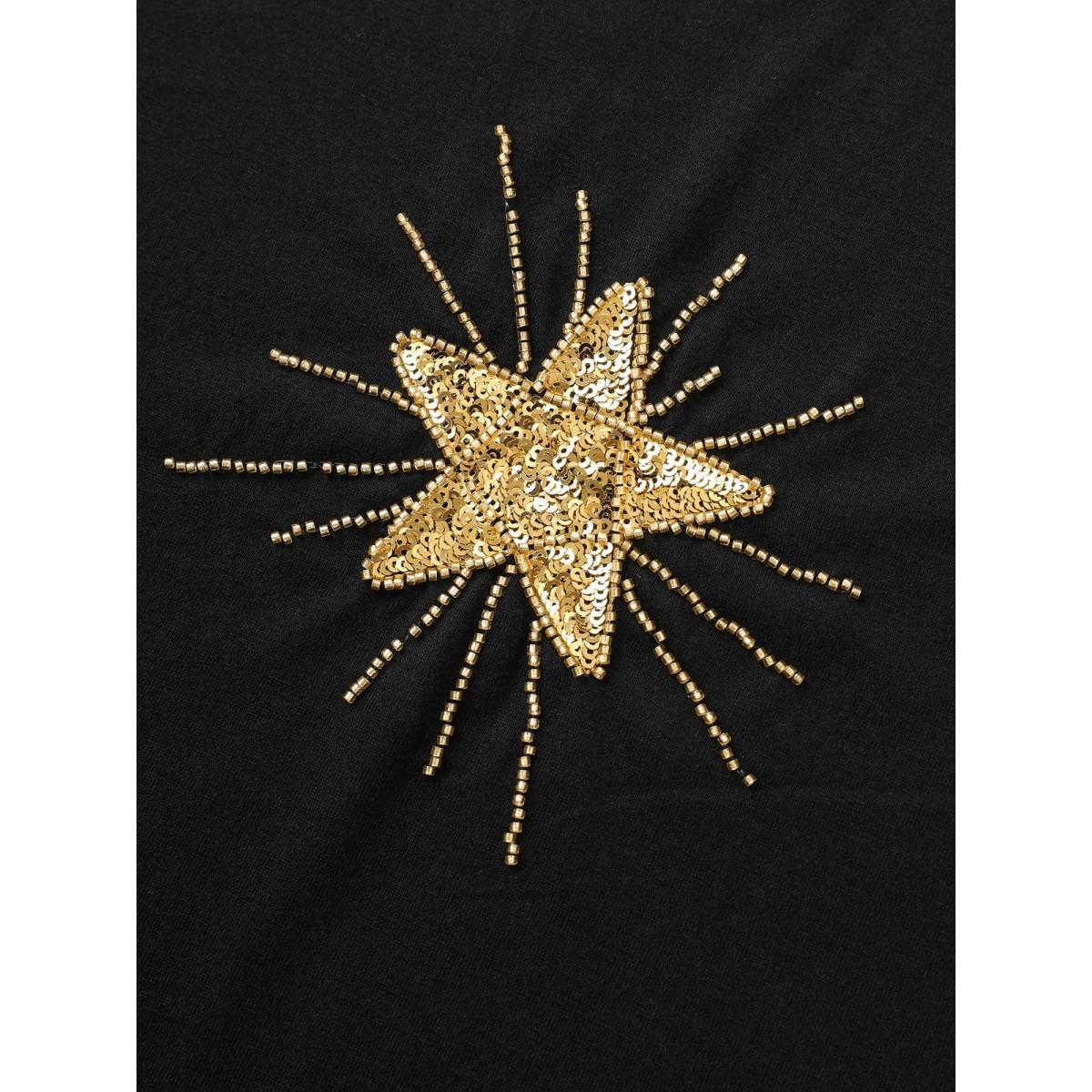 Plus Size Contrast Star Sequin Round Neck T-shirt Black Women Casual Contrast Star and moon Round Neck Everyday T-shirts BloomChic 18-20/2X Product Image