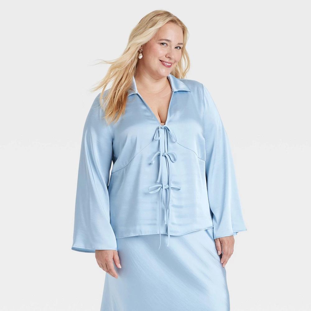 Womens Long Sleeve Satin Tie Blouse - A New Day Light Blue 1X Product Image