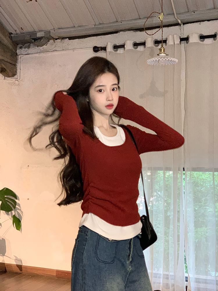 Long Sleeve Square Neck Mock Two Piece Tee Product Image