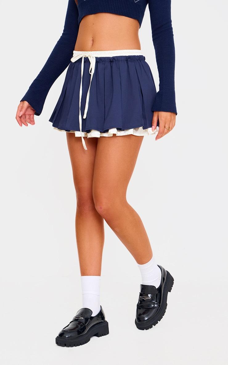 Navy Satin Double Waistband Detail Tailored Woven Pleated Mini Skirt Product Image