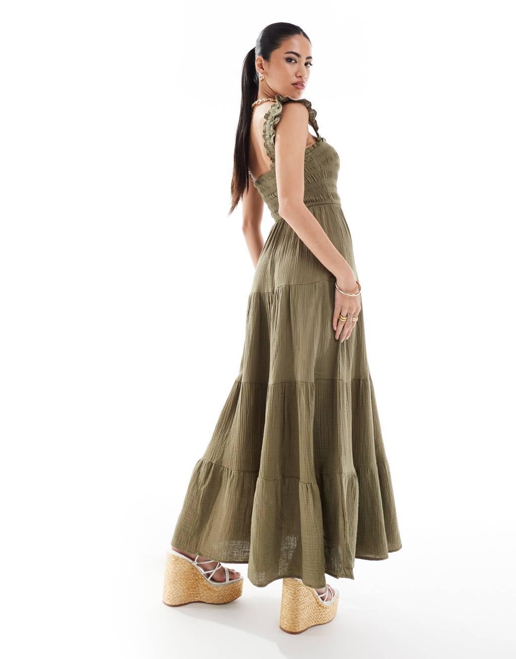 Style Cheat smocked midi dress in khaki Product Image