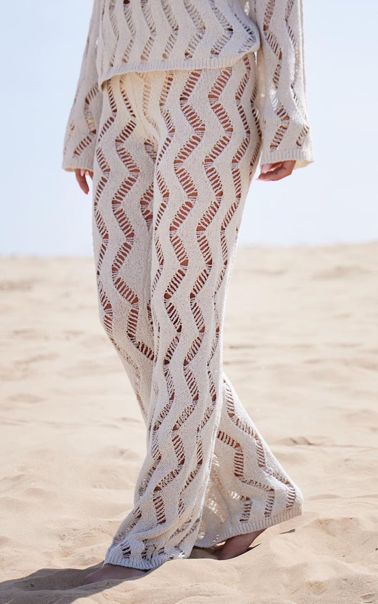 Sand Textured Cut Out Detail Knit Wide Leg Pants Product Image