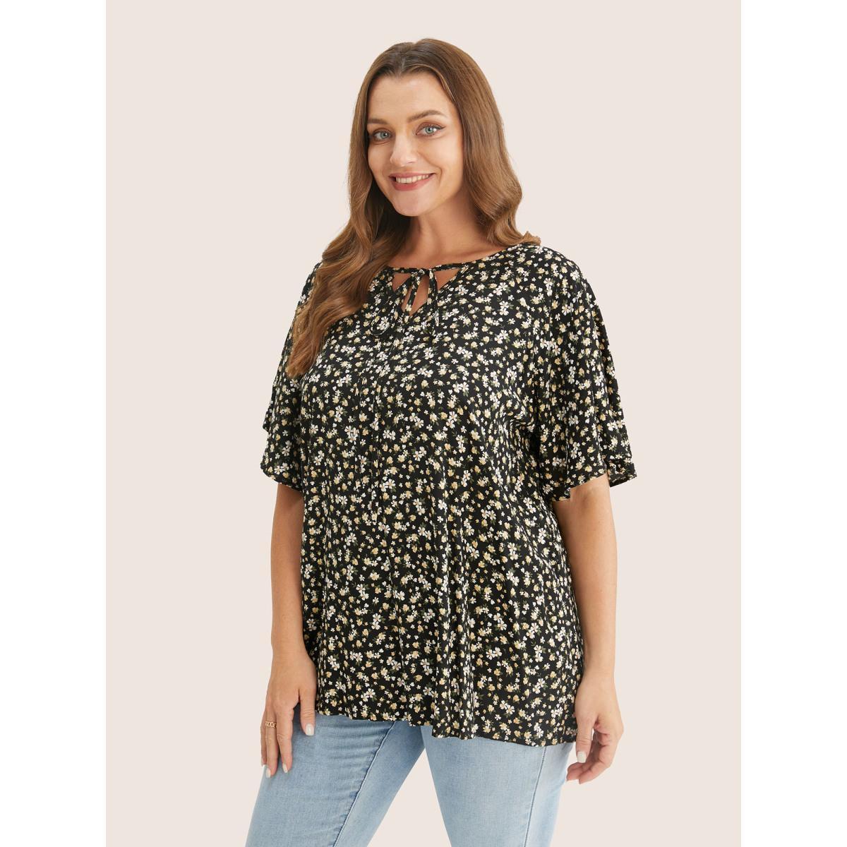 Plus Size Black Ditsy Floral Ruffle Sleeve Tie Neck Blouse Women Elegant Short sleeve V-neck Everyday Blouses BloomChic 18-20/2X Product Image