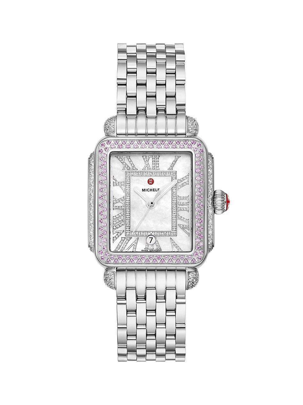 Womens Deco Madison Stainless Steel, 0.73 TCW Diamond & Pink Sapphire Bracelet Watch/33MM x 35MM Product Image