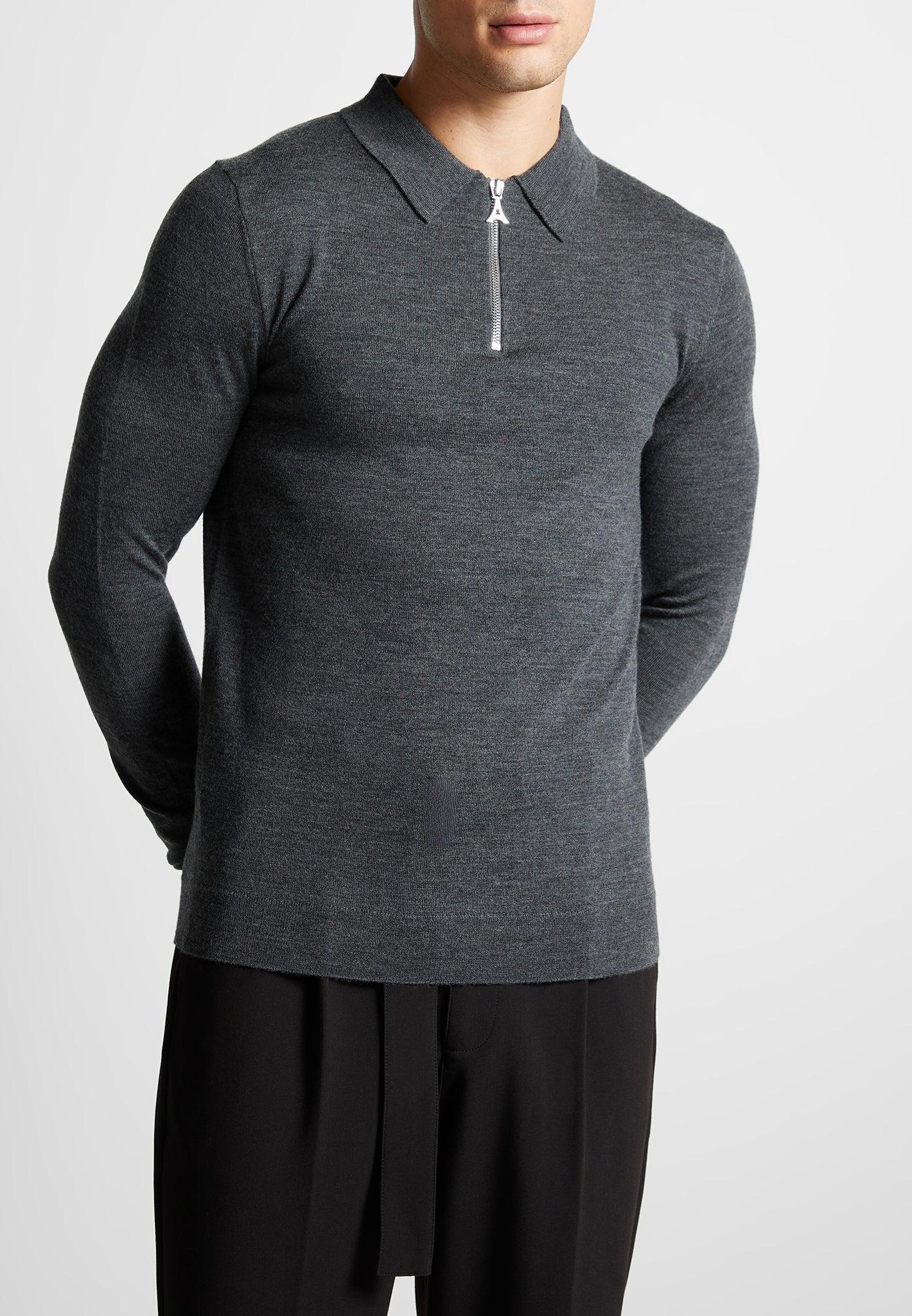 Merino Wool Long Sleeve Polo Top With Zip - Marl Grey Male Product Image