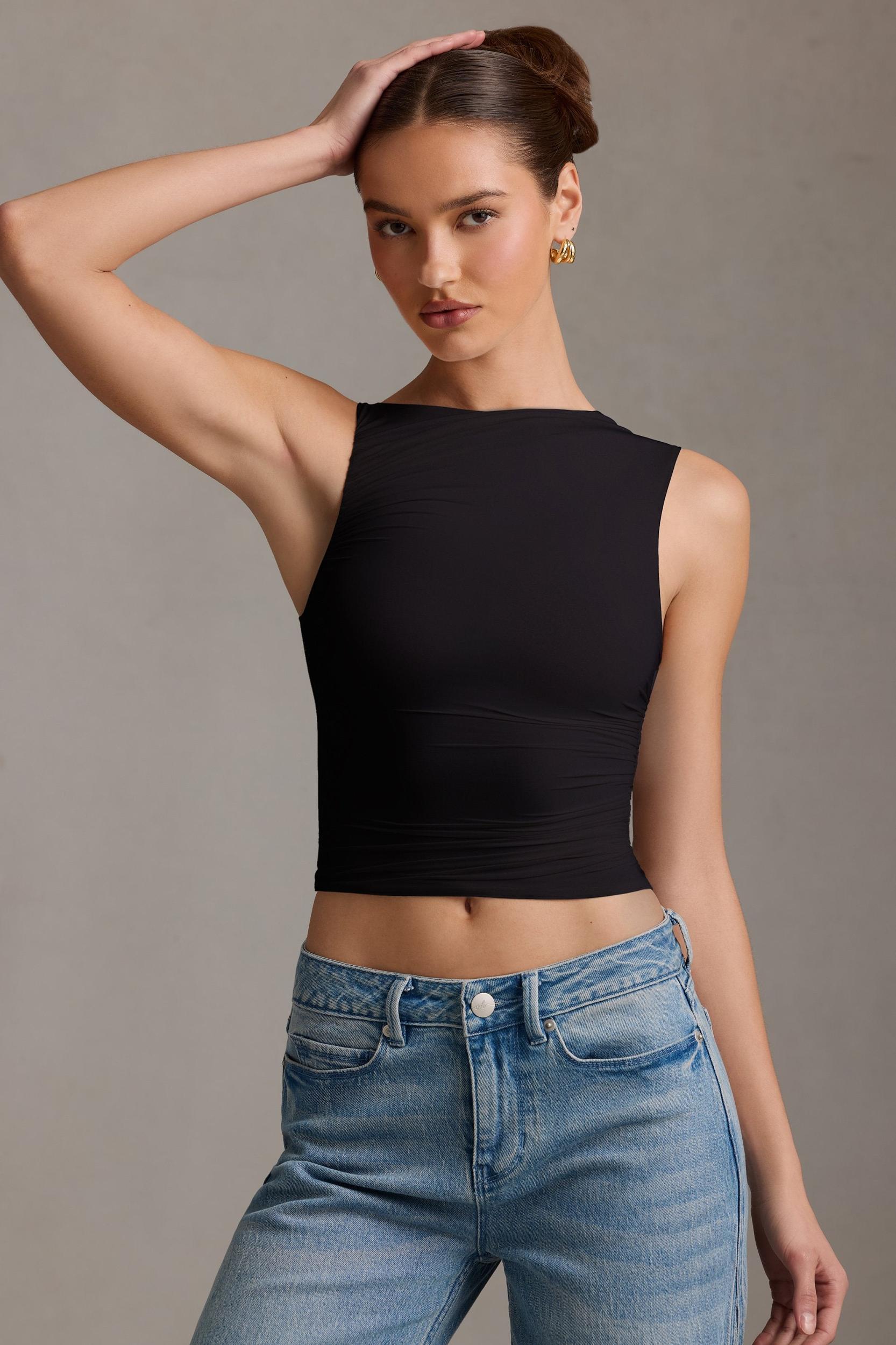 Asymmetric Ruched Tank Top in Black Product Image