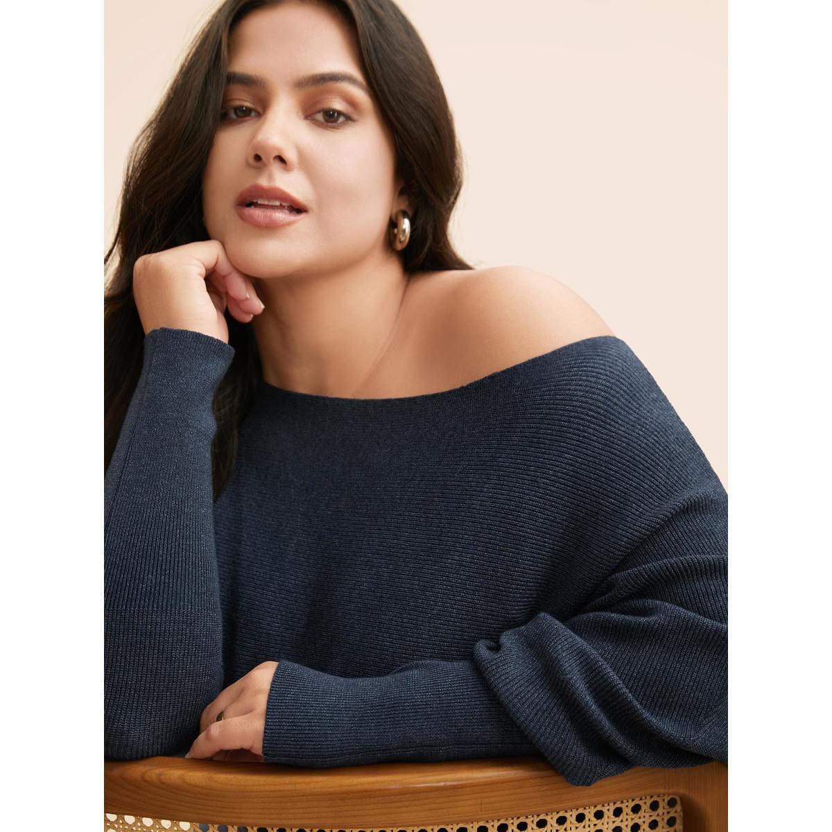 Plus Size Supersoft Dolman Sleeve Pullover Indigo Women Casual Loose Long Sleeve Boat Neck Everyday Pullovers BloomChic 10/M Product Image