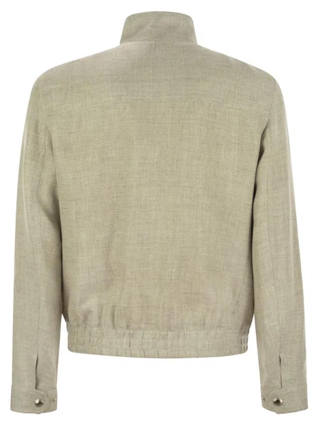 BRUNELLO CUCINELLI Linen, Wool And Silk Diagonal Bomber Jacket In Grey Product Image