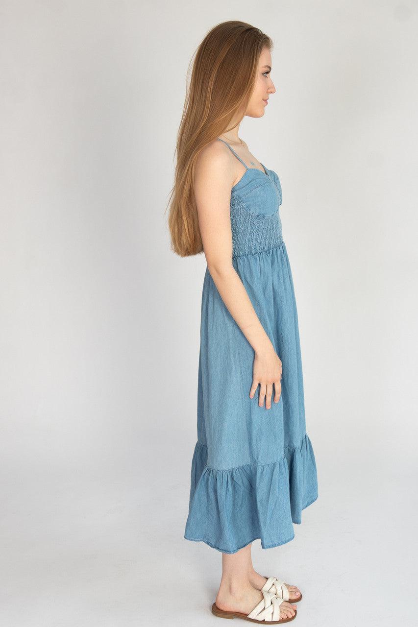 Smocked Bodice Chambray Maxi Dress Product Image