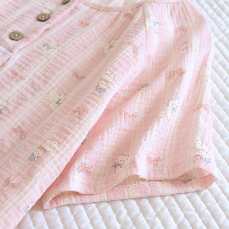 Pajama Set: Short-Sleeve Half Buttoned Print Top + Shorts Product Image