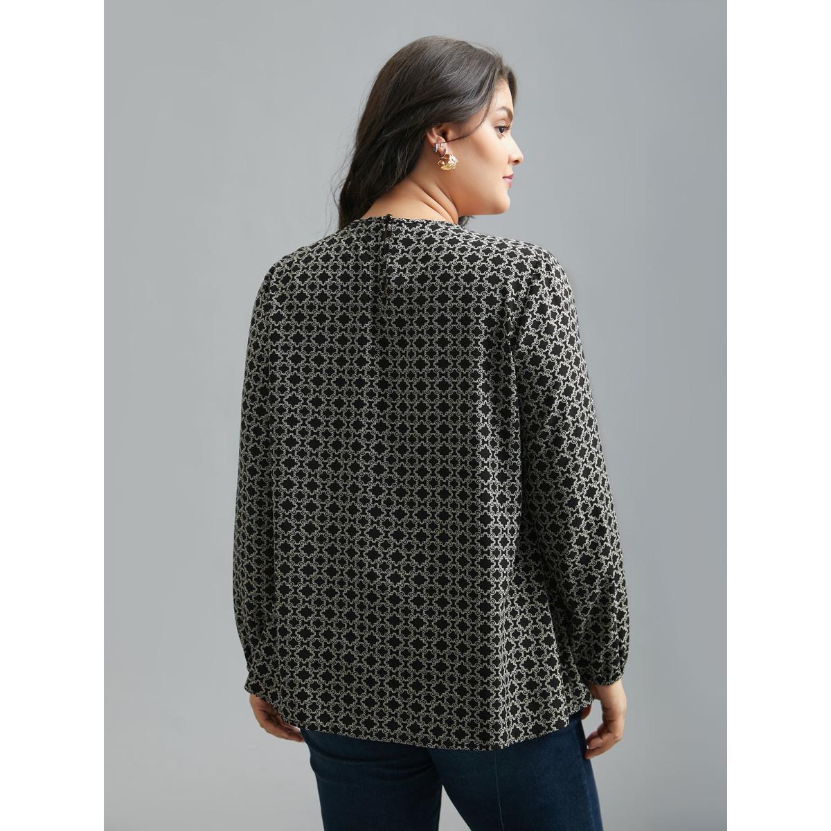 Plus Size Black Geometric Print Plicated Detail Keyhole Blouse Women Elegant Extra Long Sleeve Round Neck Everyday Blouses BloomChic 18-20/2X Product Image