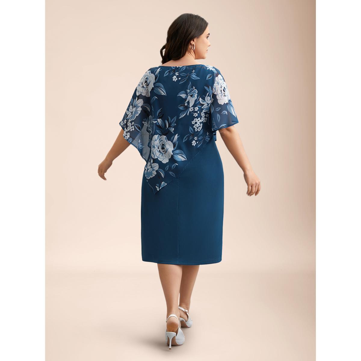 Plus Size Floral Print Cloak Tiered Midi Dress Aegean Women Elegant See through Round Neck Half Sleeve Curvy BloomChic 30/6X Product Image