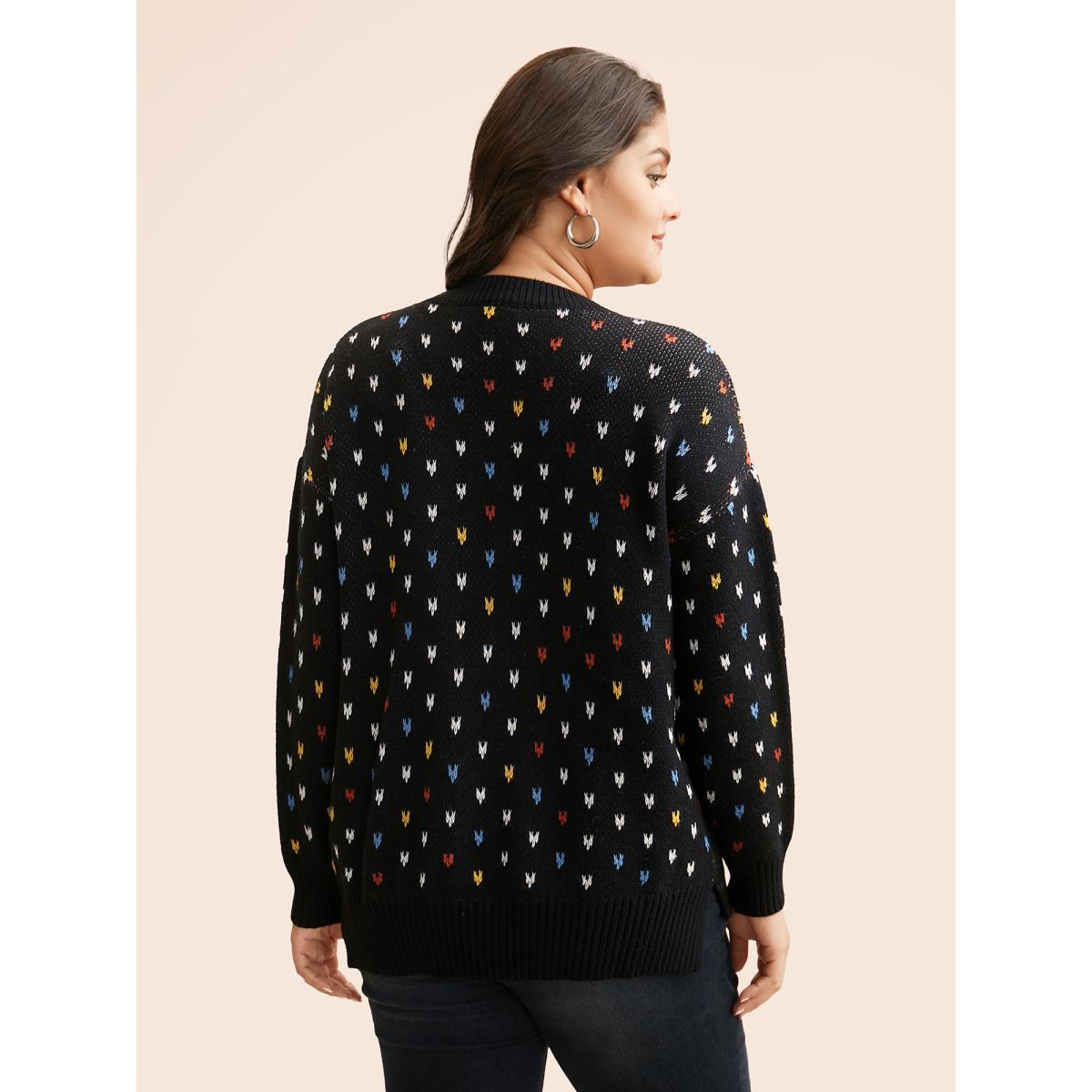 Plus Size Polka Dot Texture Split Hem Pullover Black Women Casual Long Sleeve Round Neck Everyday Pullovers BloomChic 12/L Product Image