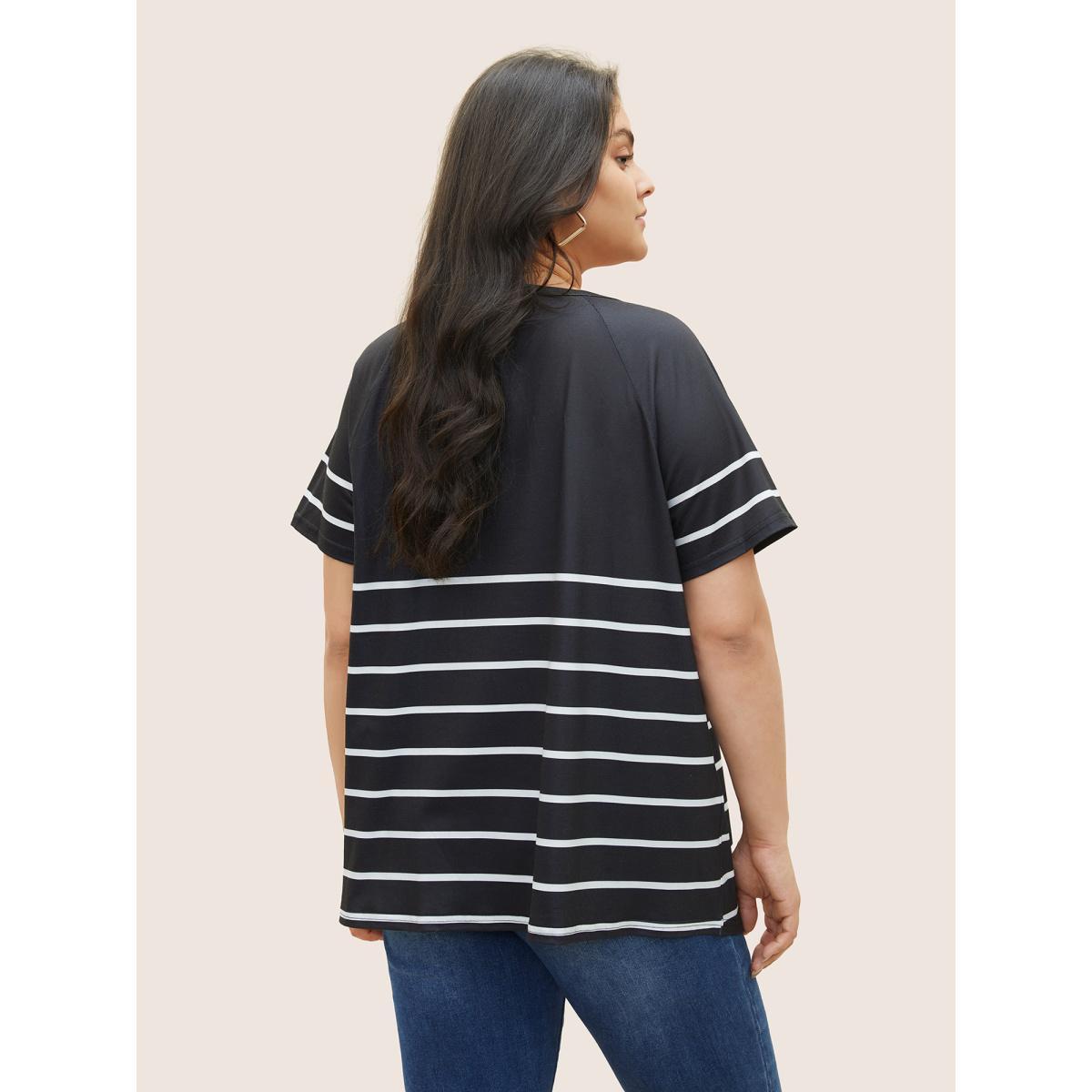 Plus Size Striped Print Raglan Sleeve Button Up T-shirt Black Women Casual Contrast Striped Round Neck Everyday T-shirts BloomChic 28/5X Product Image