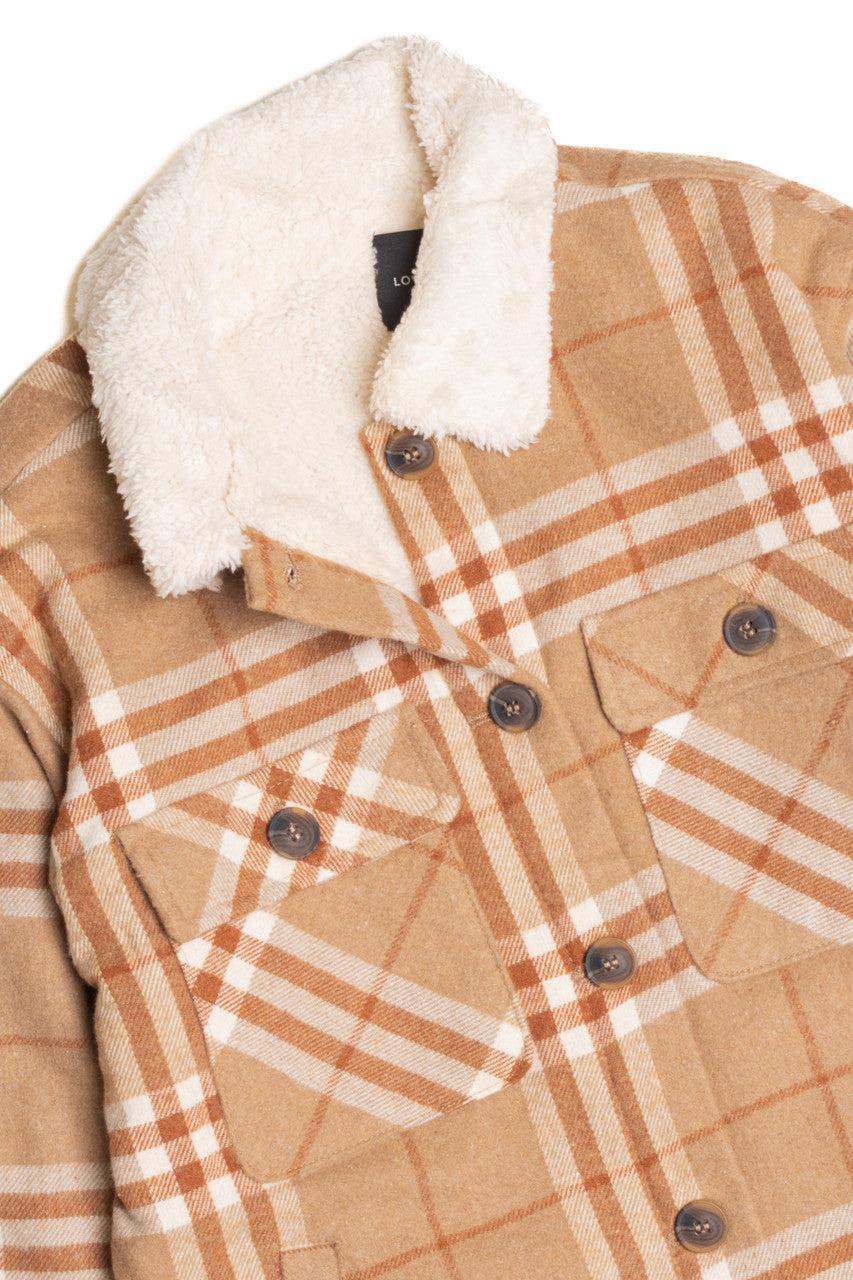 Camel Sherpa Collar Plaid Trucker Jacket Product Image