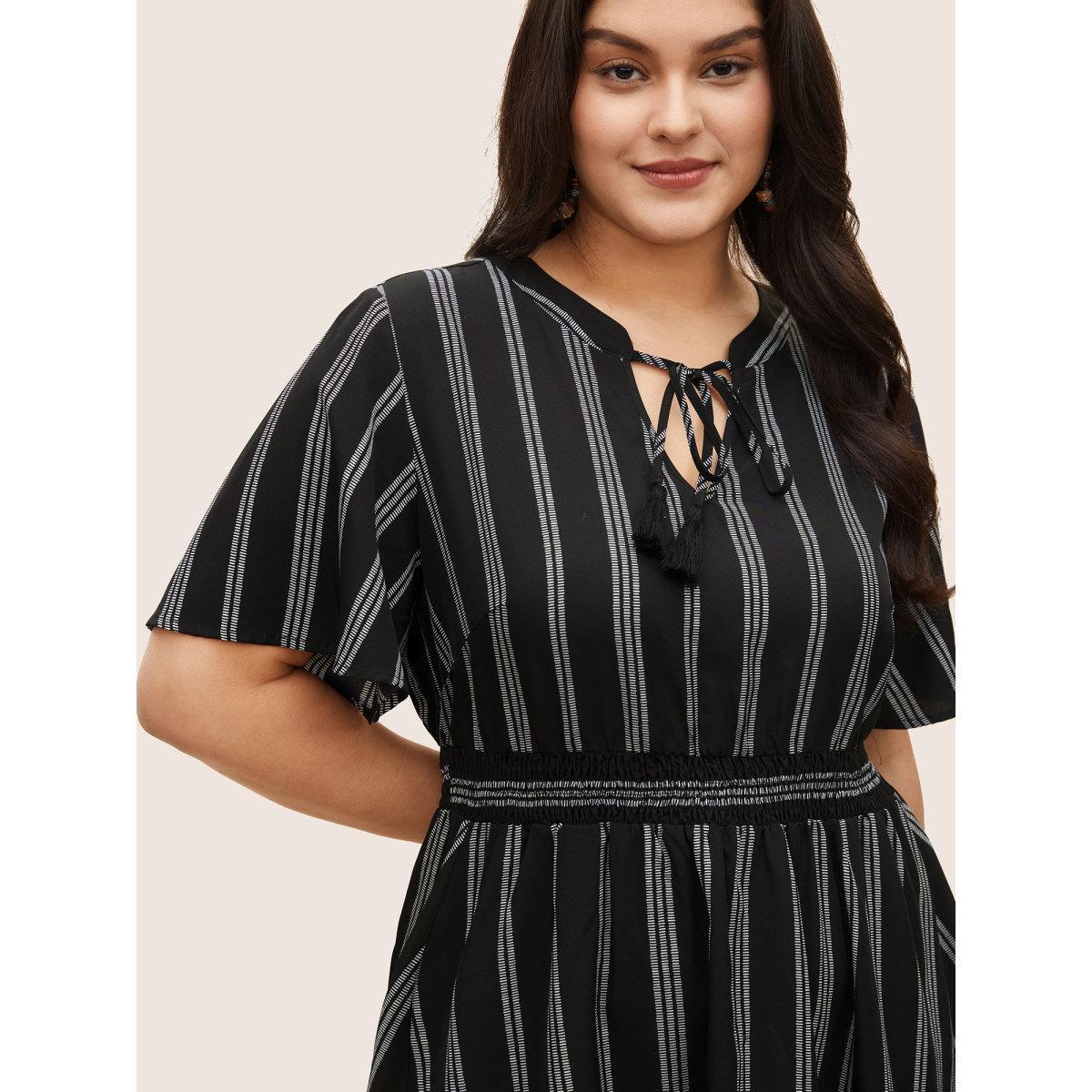 Plus Size Striped Patchwork Tassels Ties Shirred Dress Black Women Boho Non V-neck Short sleeve Curvy Midi Dress BloomChic 14-16/1X Product Image
