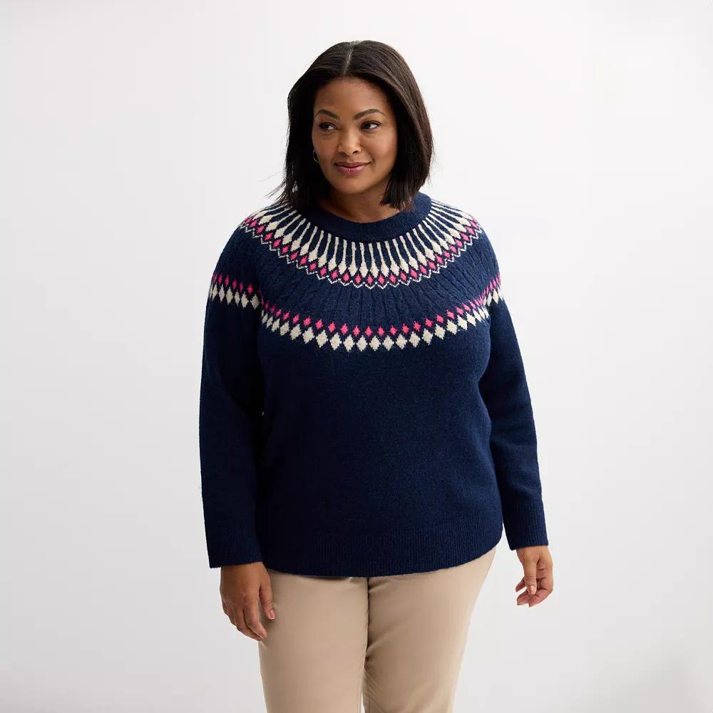 Plus Size Croft & Barrow® Fairisle Ringer Pullover Sweater, Women's, Size: 3XL, Blue Diamond Yoke Product Image