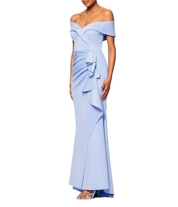 Xscape Stretch Off-the-Shoulder Short Sleeve Mermaid Ruffle Gown Product Image