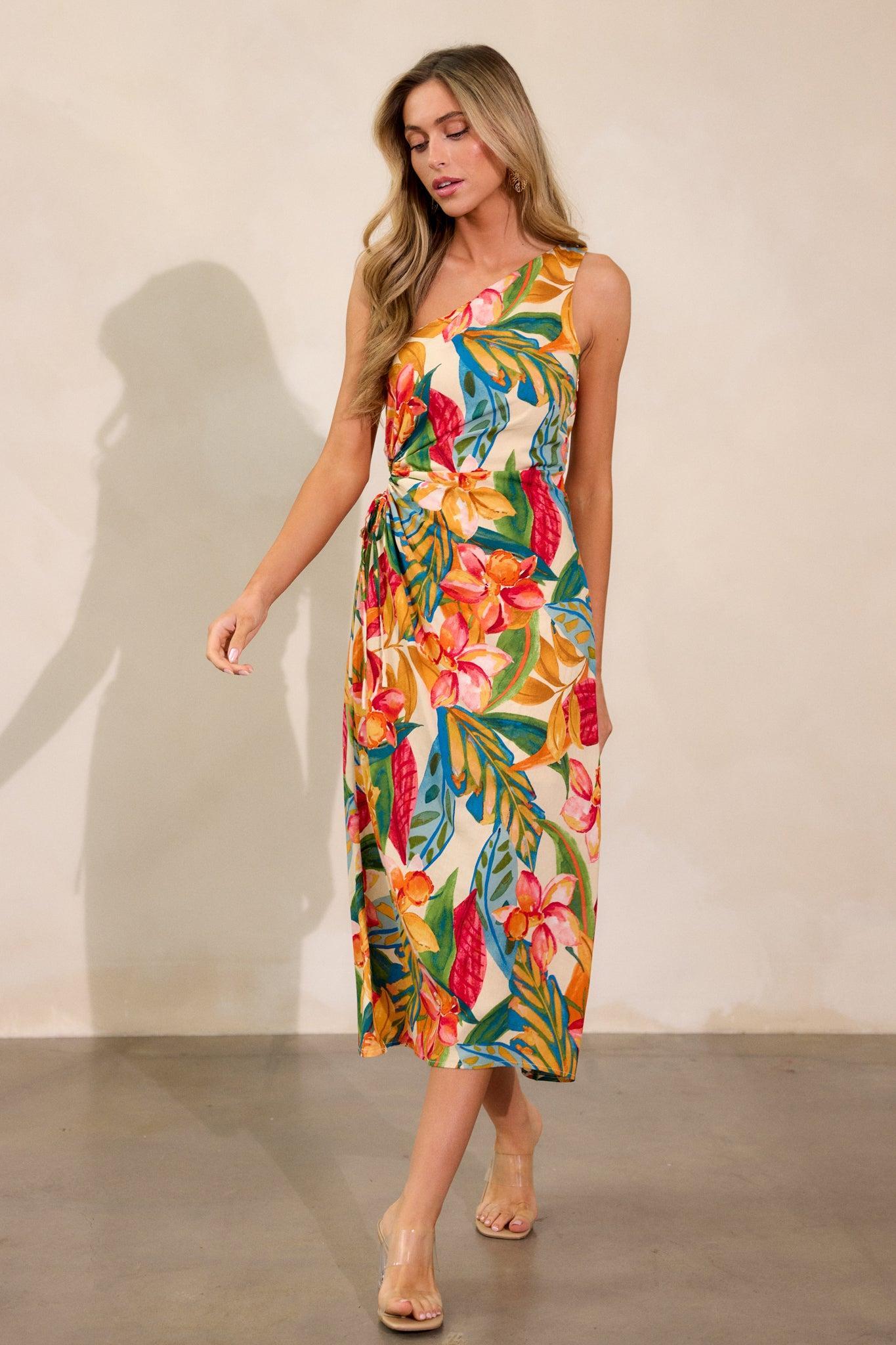 Safe To Say Multi Print One Shoulder Midi Dress Product Image