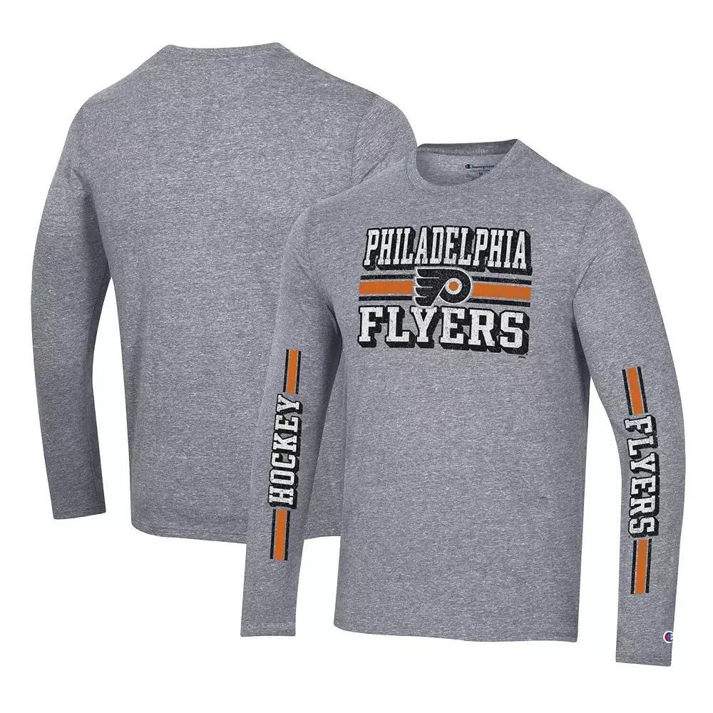 Men's Champion Heather Gray Philadelphia Flyers Tri-Blend Dual-Stripe Long Sleeve T-Shirt,  Product Image