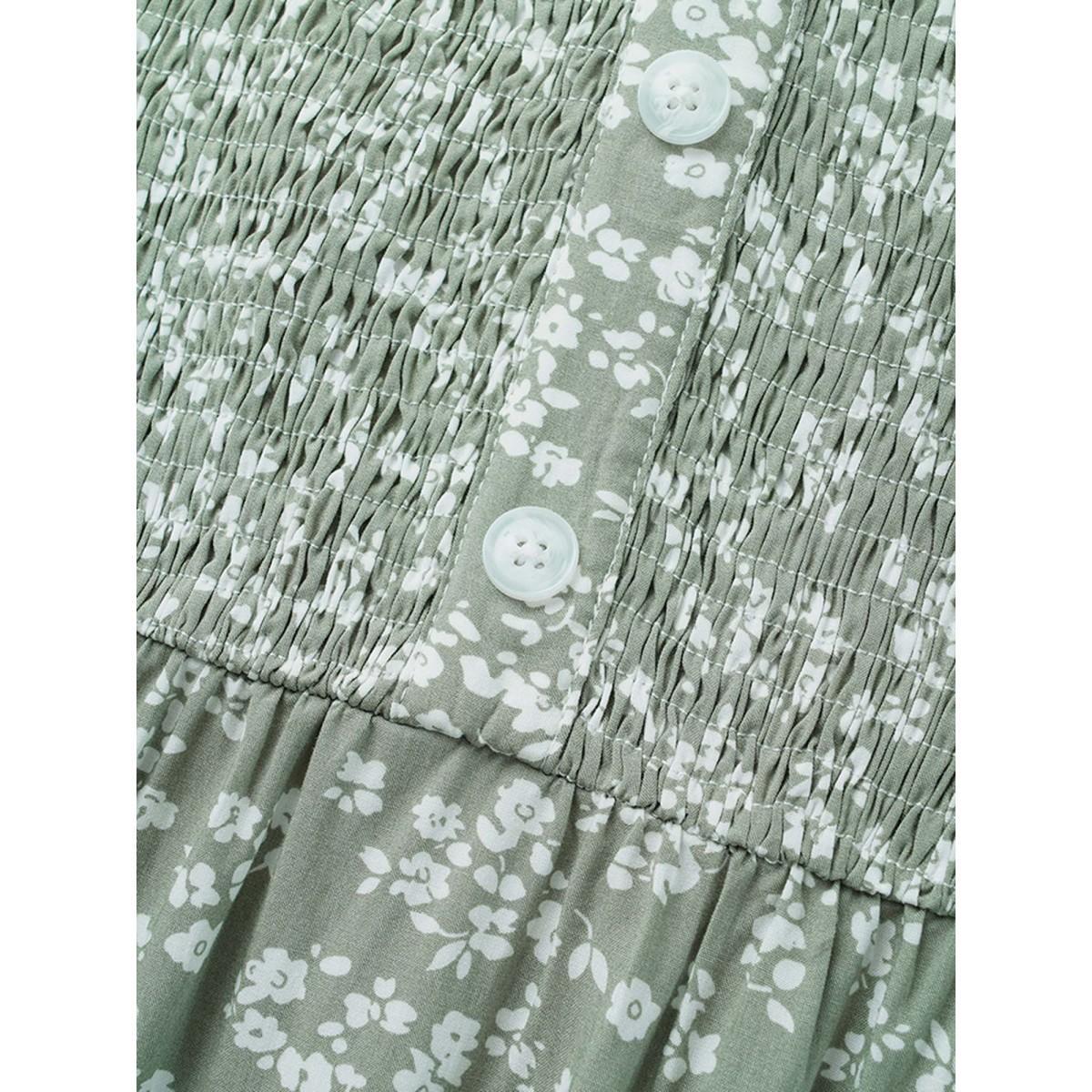 Plus Size Greenbean Ditsy Floral Pleated Button Detail Blouse Women Elegant Elbow-length sleeve Flat collar with V-notch Everyday Blouses BloomChic 30/6X Product Image