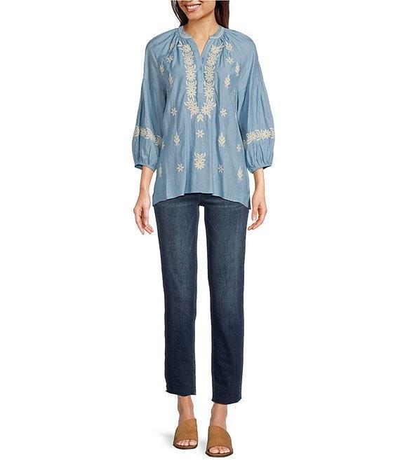 Calessa Embroidered Split V-Neck Bubble Sleeve Tunic Product Image