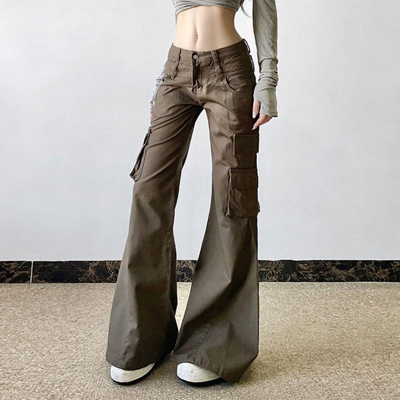 Low Waist Plain Pocket Slim-Fit Boot-Cut Cargo Pants Product Image