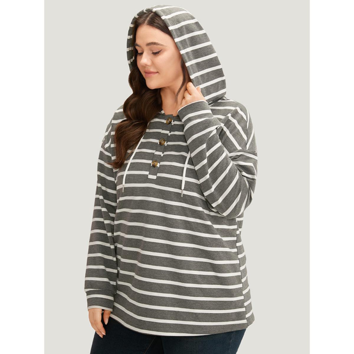 Plus Size Striped Button Up Hooded Sweatshirt Women Gray Casual Button Hooded Dailywear Sweatshirts BloomChic 10/M Product Image