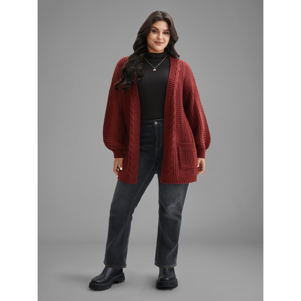 Plus Size Cable Knit Ribbed Detailing Open Front Cardigan Deepred Women Casual Loose Long Sleeve Everyday Cardigans BloomChic 30/6X Product Image