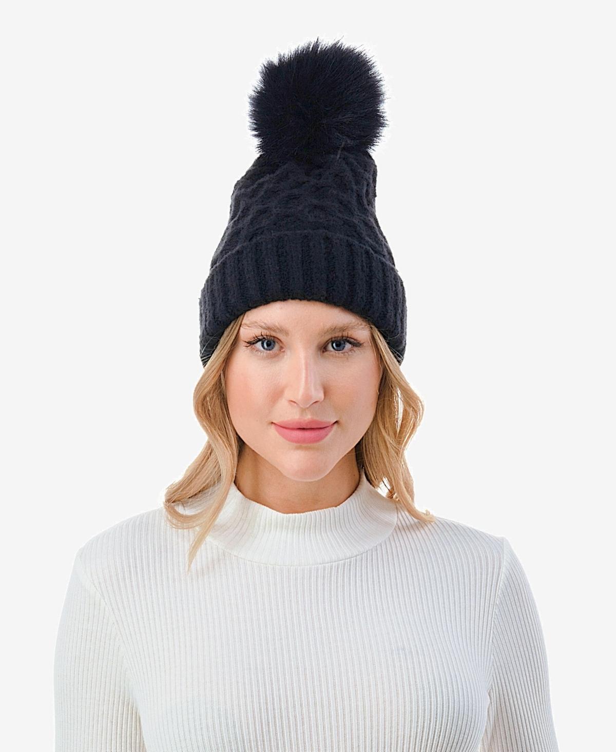 Marcus Adler Womens Cable Knit Pom Beanie with Cuff Product Image