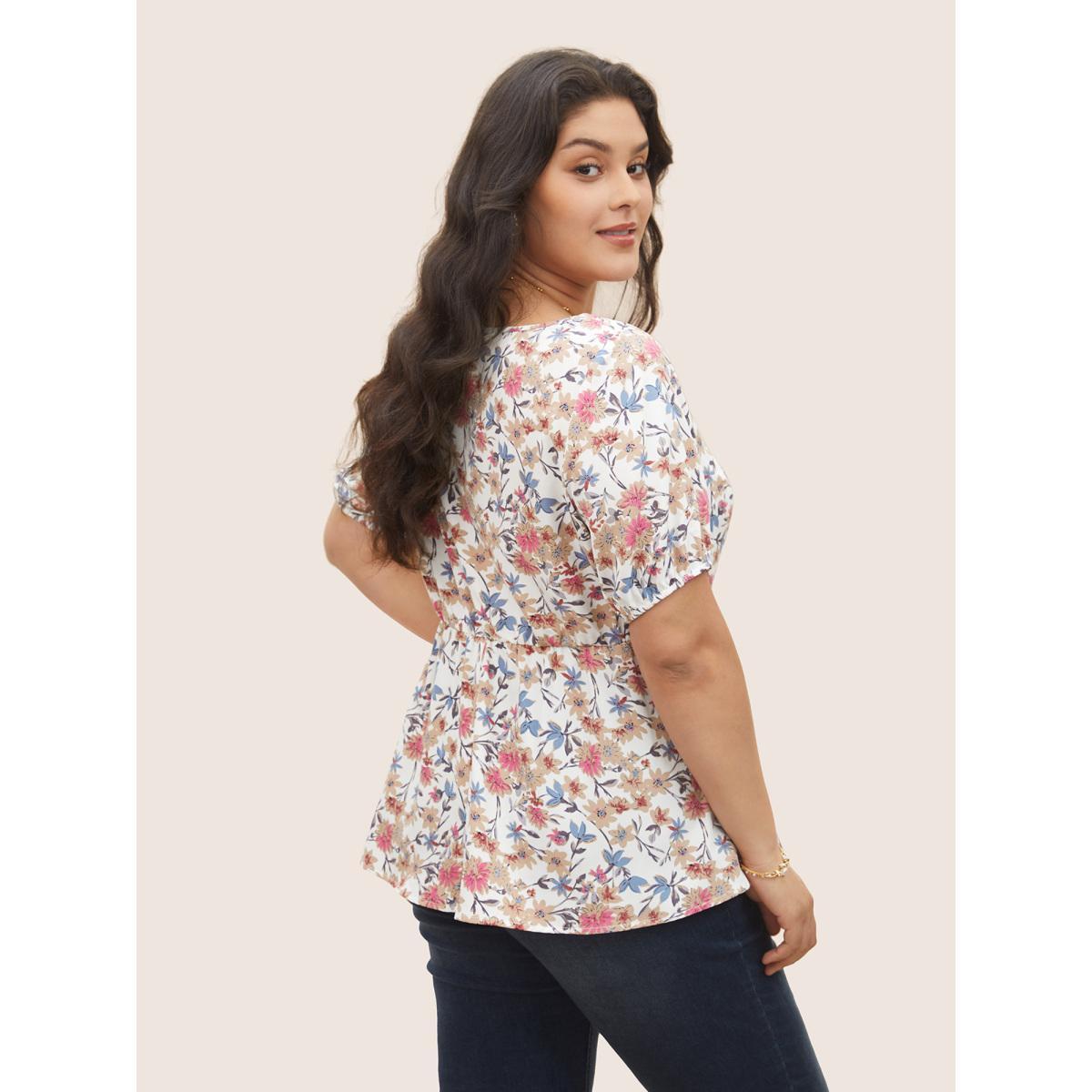 Plus Size White Floral Lace Up Gathered Lantern Sleeve Blouse Women Elegant Short sleeve Square Neck Everyday Blouses BloomChic 12/L Product Image