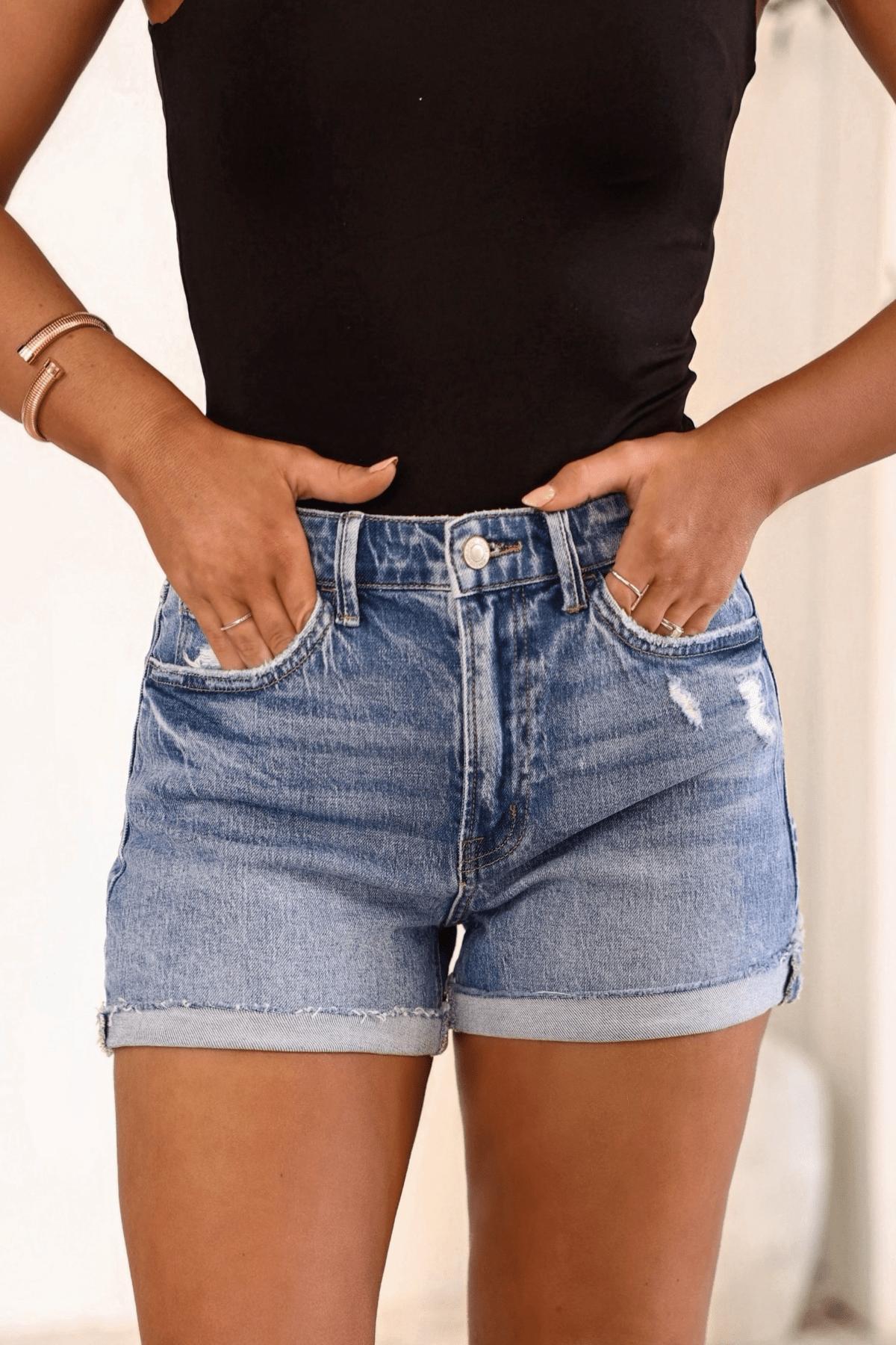 Light Wash Distressed Cuff Hem Shorts Product Image