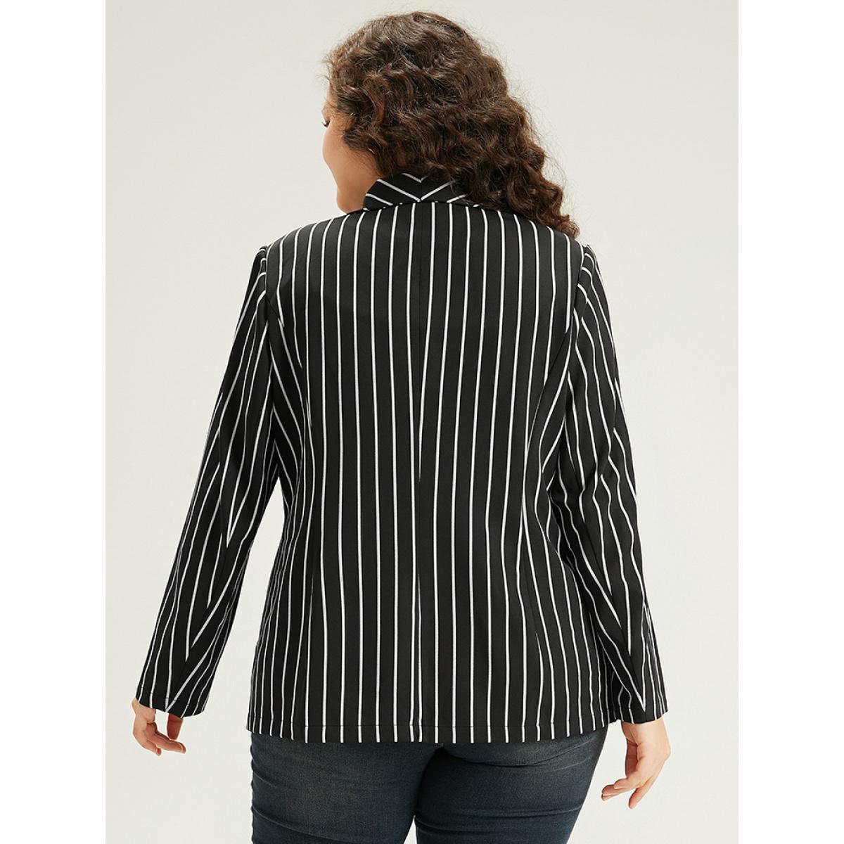 Plus Size Striped Suit Collar Button Up Blazer Black Women Work Striped Contrast Sleeve Long Sleeve Suit Collar 12/L Pocket Casual Blazers BloomChic Product Image