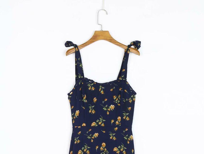 Tie Shoulder Floral Print Midi A-Line Dress Product Image