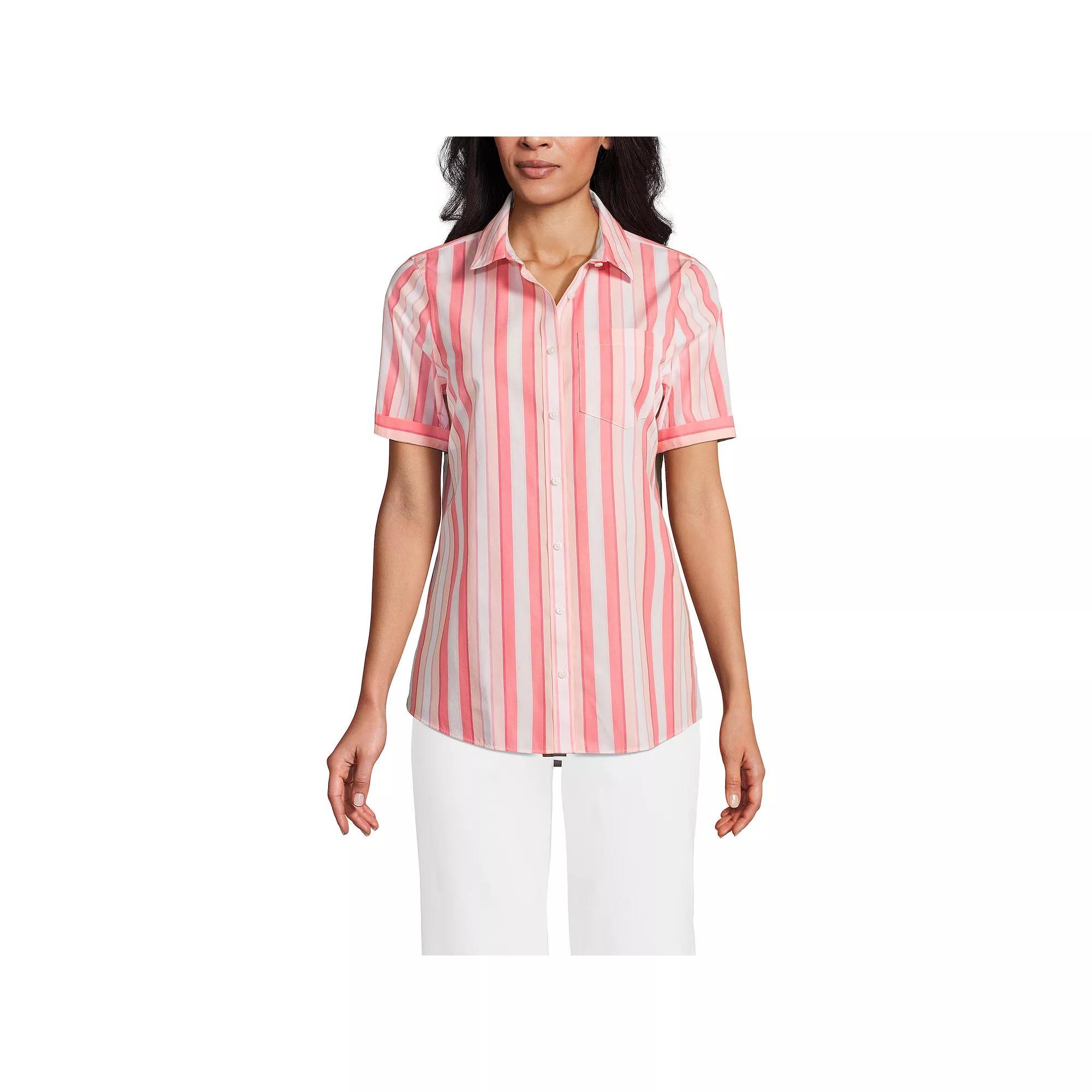 Women's Lands' End Wrinkle Free No Iron Short Sleeve Shirt, Size: Medium, Simply Pink Stripe Product Image