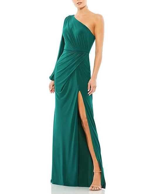 Mac Duggal One Sleeve Asymmetrical Neckline Draped Front Ruched Bodice Faux Wrap Jersey Gown Product Image