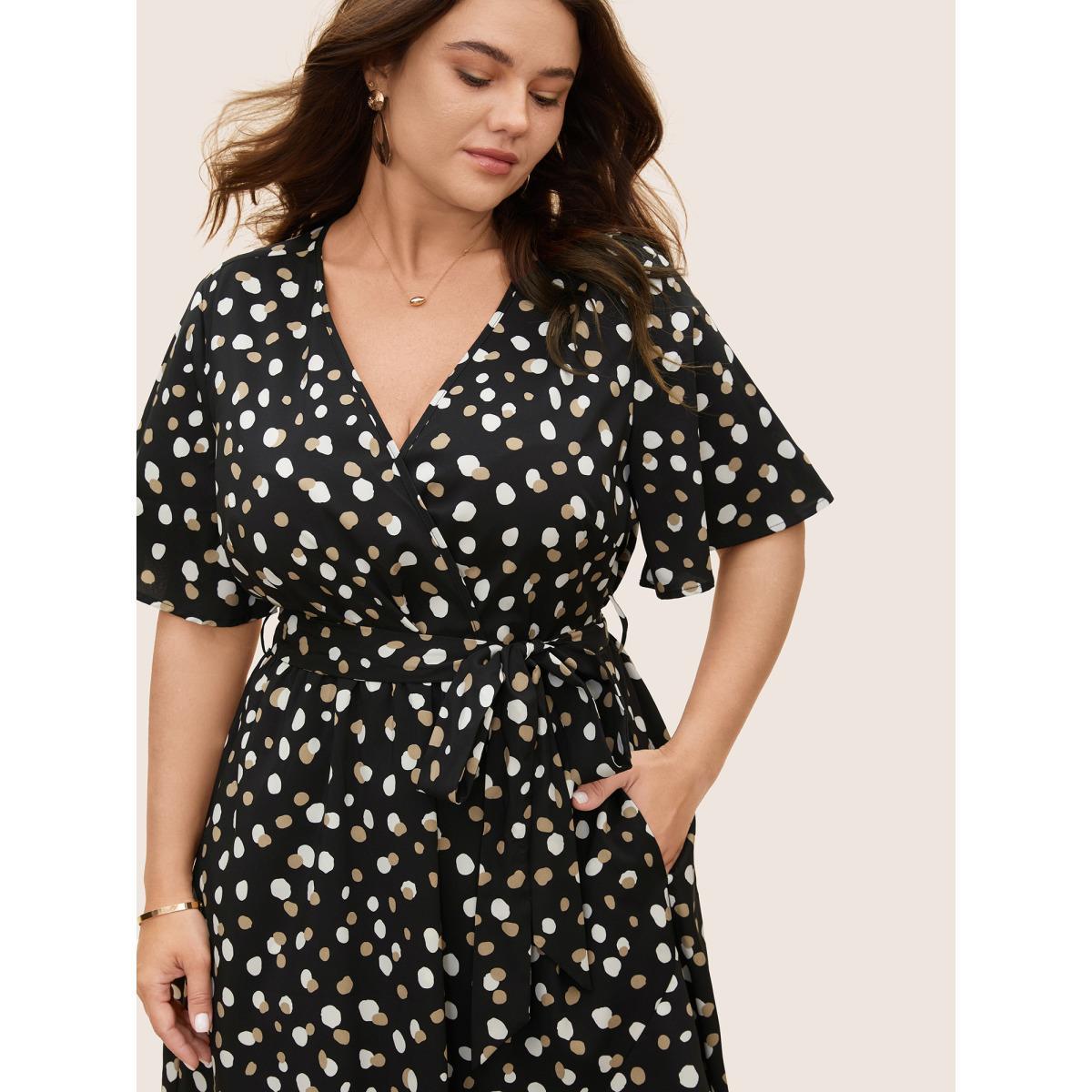 Plus Size Allover Print Wrap Flutter Sleeve Midi Dress Black Women Elegant Belted Overlap Collar Short sleeve Curvy BloomChic 26/4X Product Image