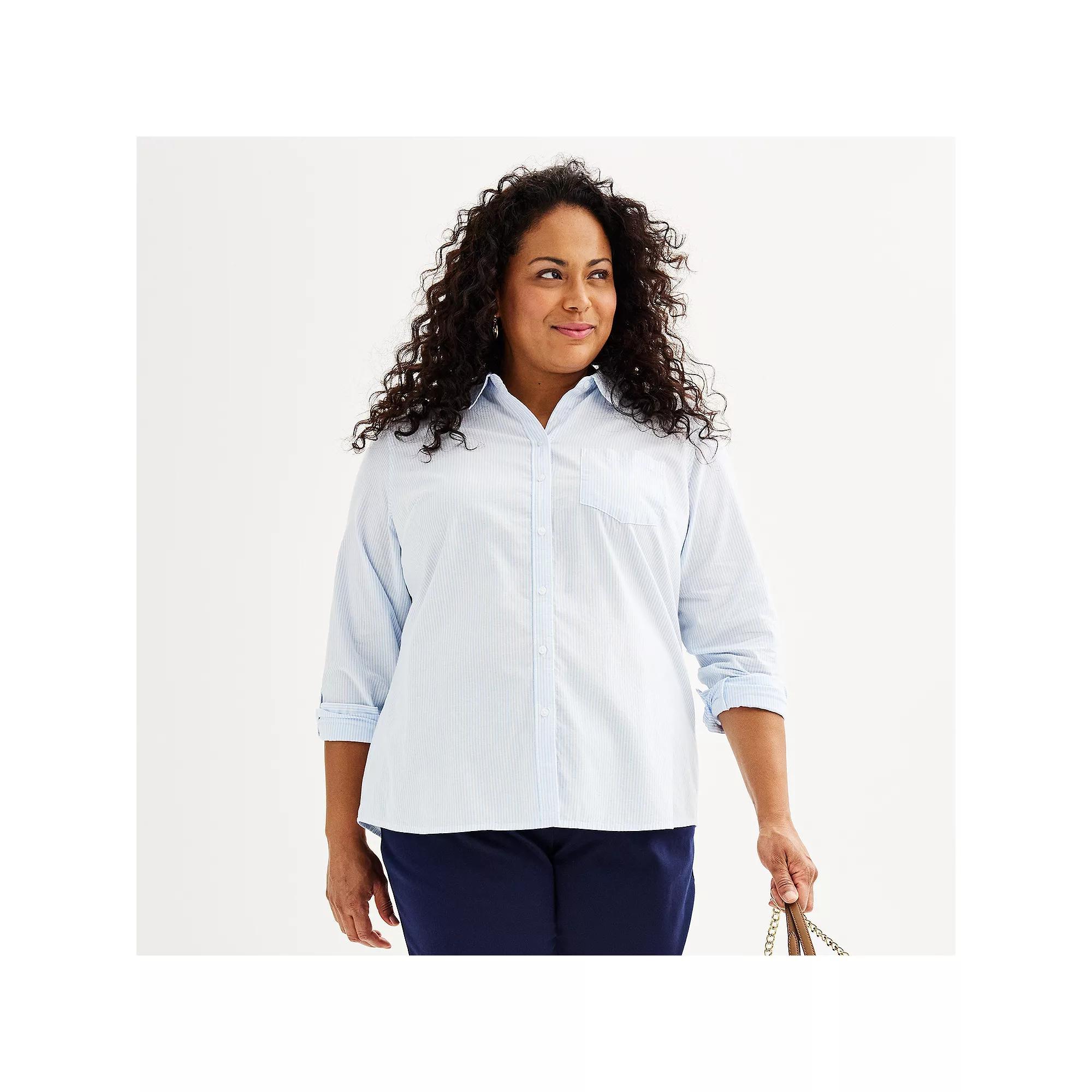 Plus Size Croft & Barrow® Essential One Pocket Button Down Shirt, Women's, Size: 1XL, Blue Simple Stripe Product Image