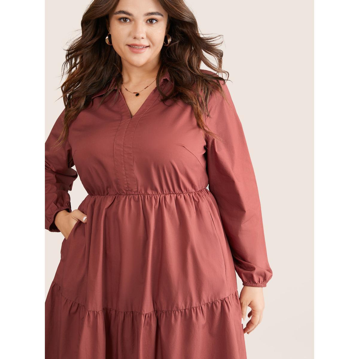 Plus Size Lapel Collar Gathered Pocket Lantern Sleeve Dress Russet Women Casual Gathered Lapel Collar Long Sleeve Curvy Knee Dress BloomChic 22-24/3X Product Image