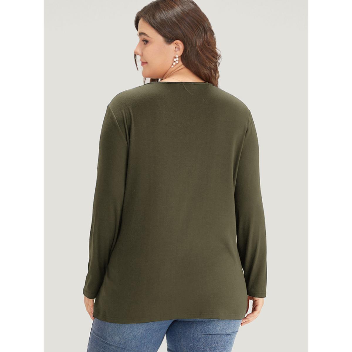 Plus Size Guipure Lace Patchwork V Neck Button Detail T-shirt ArmyGreen Women Elegant Printed Plain V-neck Dailywear T-shirts BloomChic 10/M Product Image