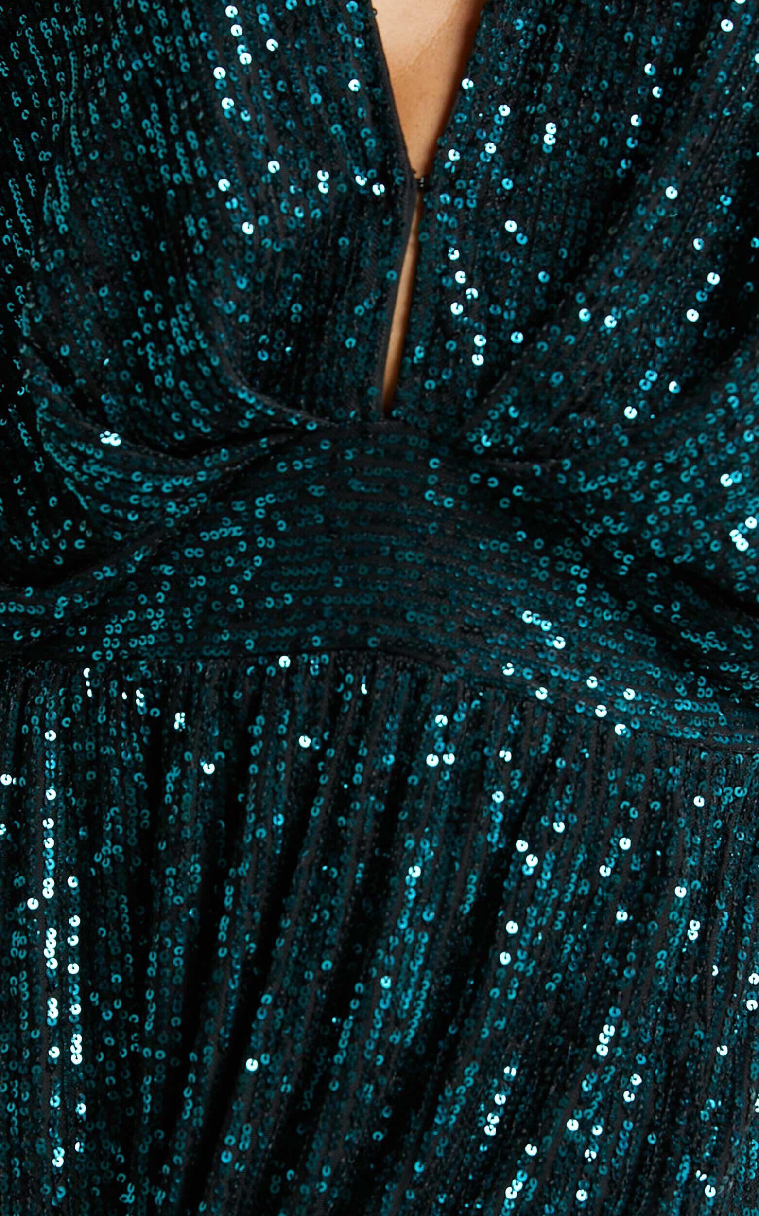 Miyah Maxi Dress - Sequin Plunge Short Sleeve Dress in Emerald Product Image