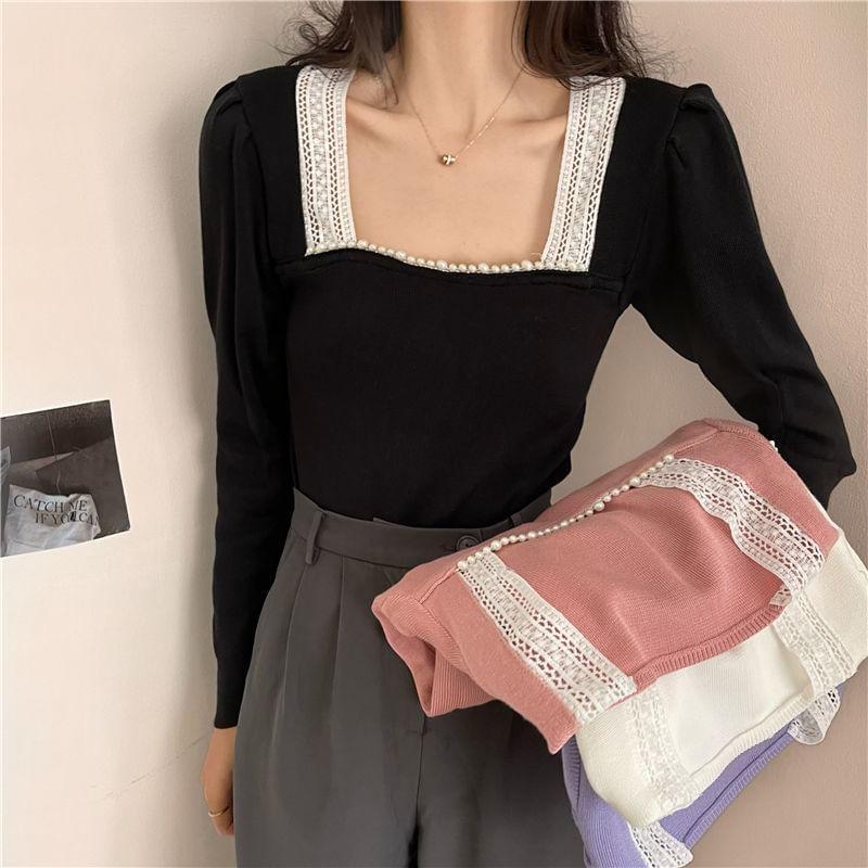 Long Sleeve Square Neck Plain Lace Trimmed Crop Top Product Image