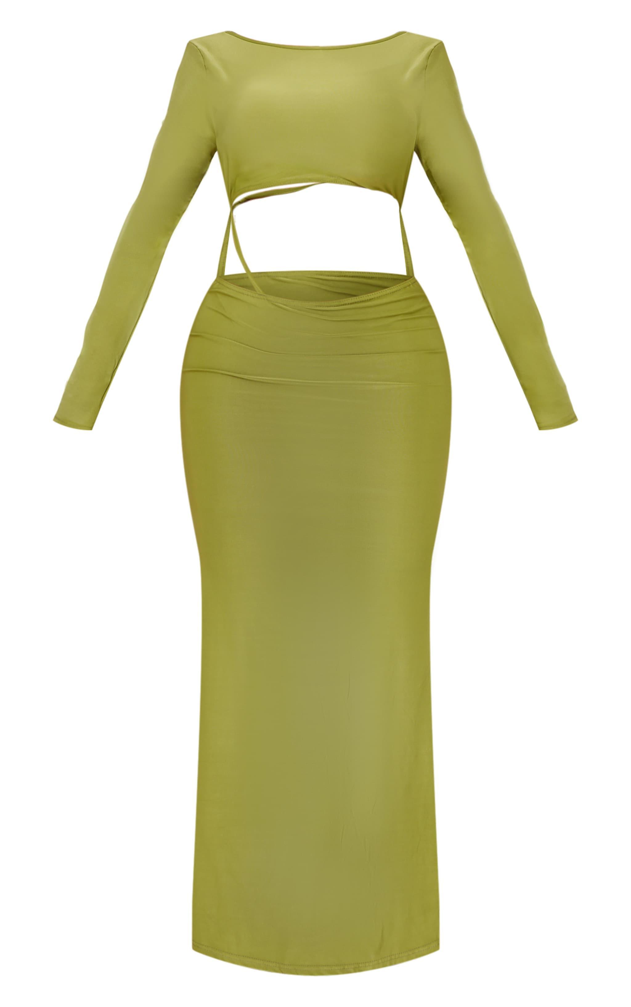 Shape Olive Slinky Long Sleeve Cut Out Strap Detail Maxi Dress Product Image