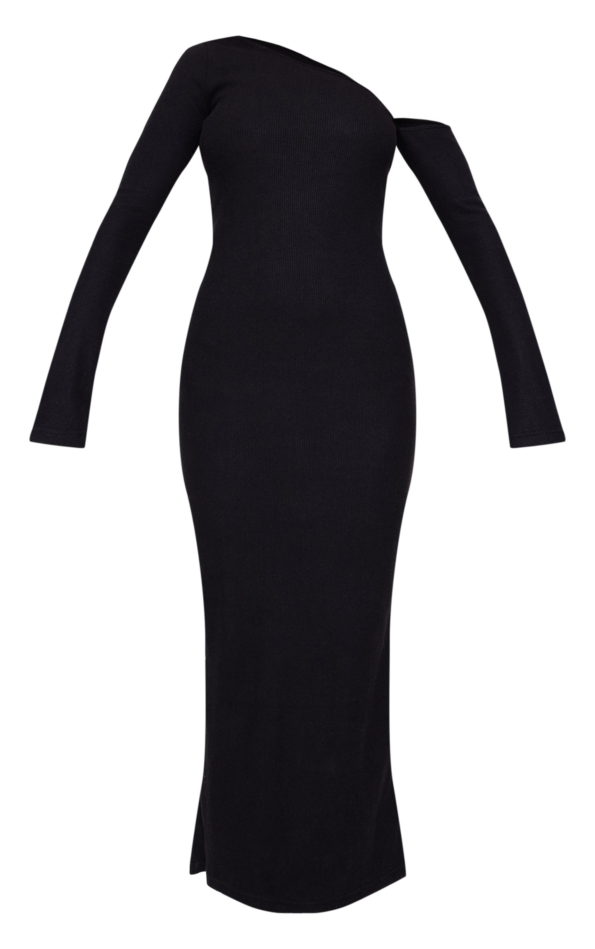 Black Heavy Brushed Asymmetric Ruched Maxi Dress Product Image