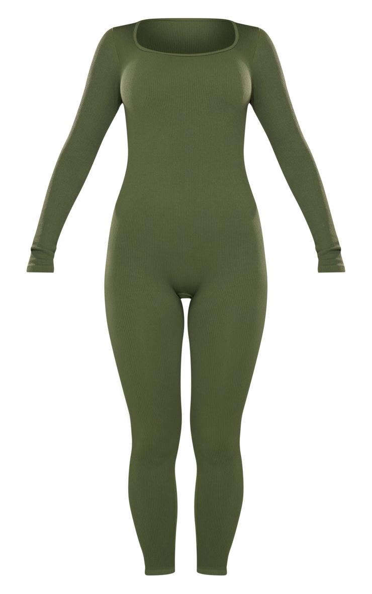 Khaki Snatched Rib Square Neck Long Sleeve Jumpsuit Product Image