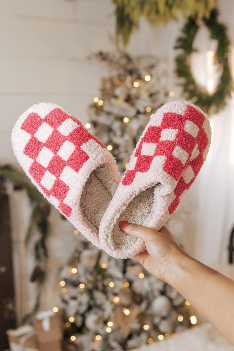 Pink Checkered Faux Plush Slippers - FINAL SALE Product Image