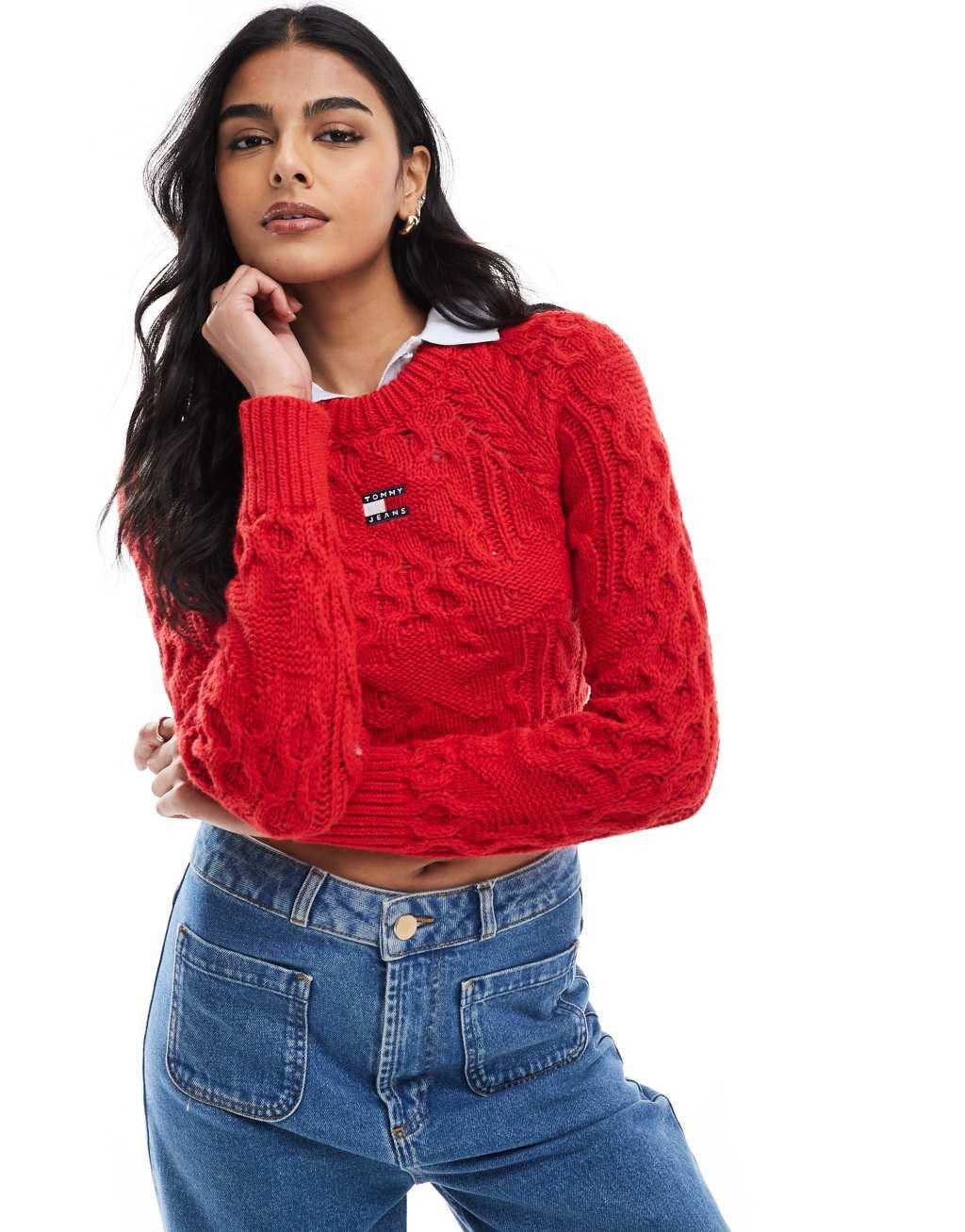 Tommy Jeans star cable knit sweater in bright red Product Image