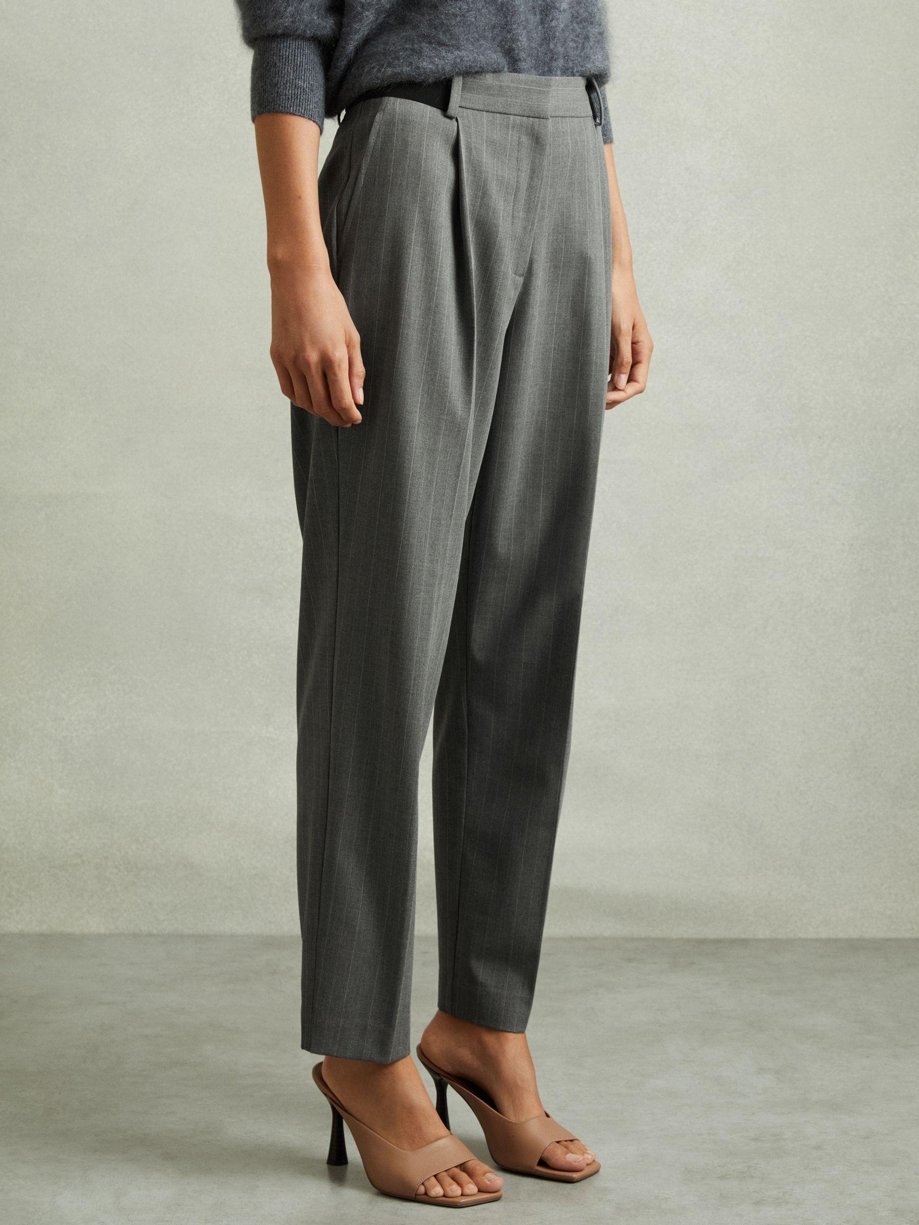 Pinstripe Waistband Detail Tapered Trousers in Grey Product Image
