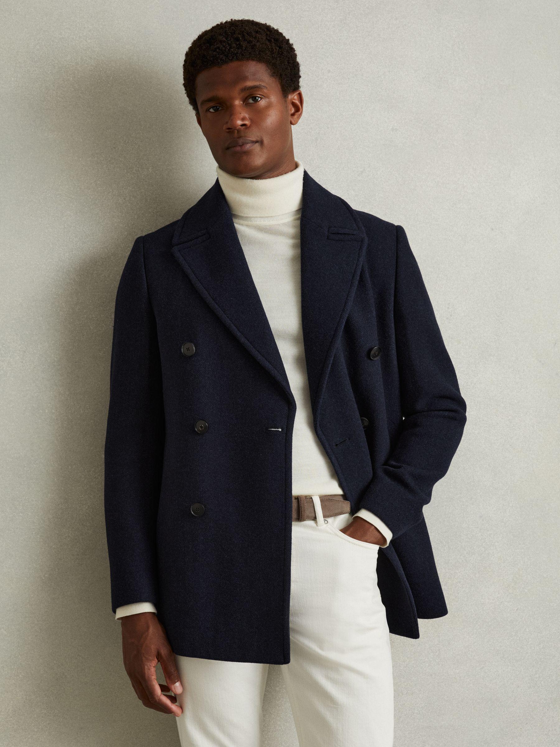 Wool Blend Double Breasted Peacoat in Navy Herringbone Product Image